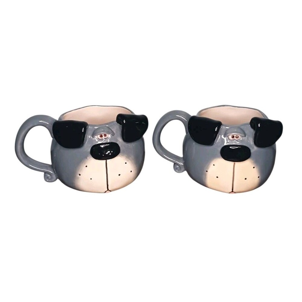 NEW PAIR Russ Berrie Signed Douglas 3D Ceramic Dog Coffee Mugs Cups Gray & Black